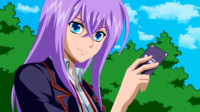 Girl holding a Cardfight!! Vanguard card