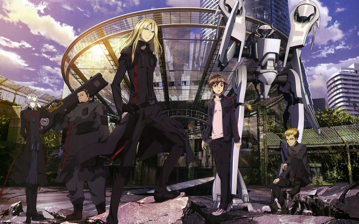 Guilty Crown characters with a mecha