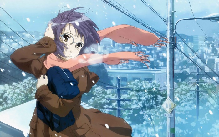 Kyon from The Melancholy of Haruhi Suzumiya in snow