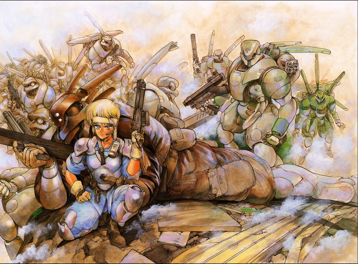 Armored soldiers and mechs in a battle scene