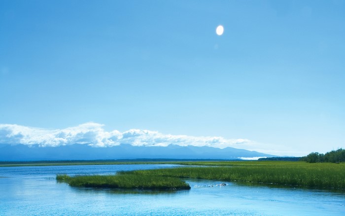 River and marshland with mountains in the background