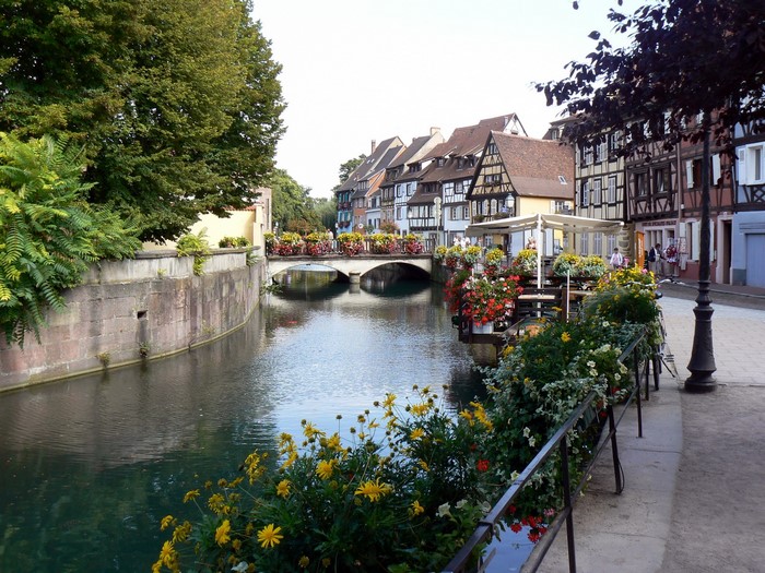 Canal in Colmar, France with half-timbered houses