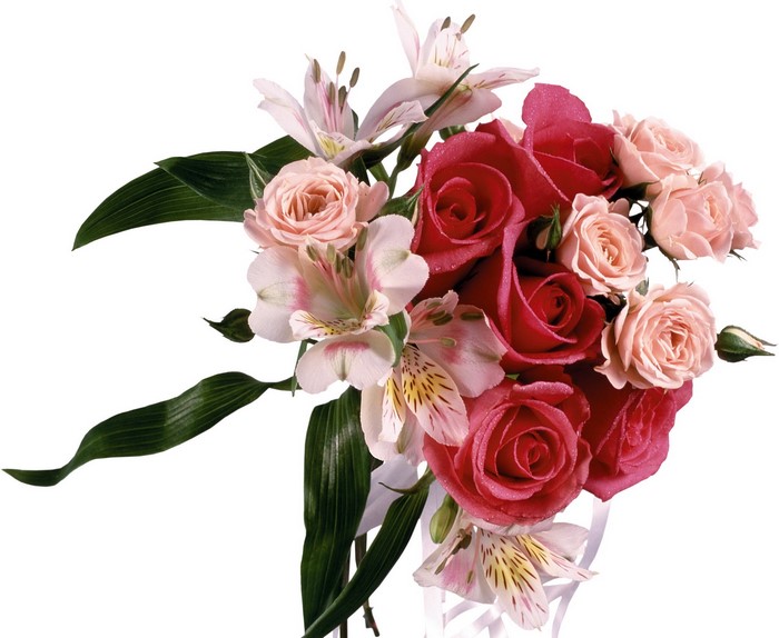 Bouquet of red and pink roses with alstroemeria