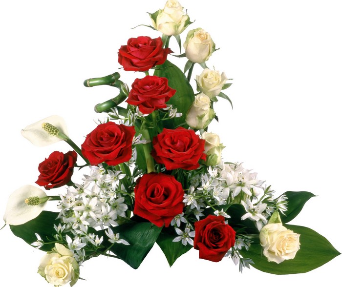 Red and white roses with calla lilies and bamboo