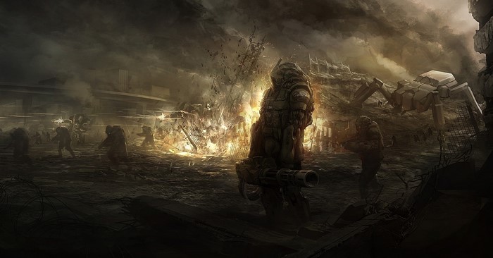 Soldiers in a destroyed city with explosions