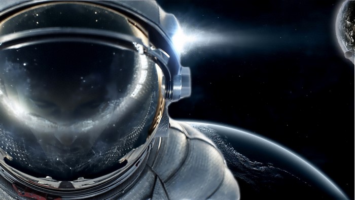 Astronaut in space with planets and stars