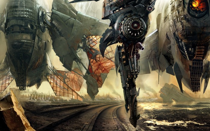 Steampunk mechs over a desolate industrial landscape