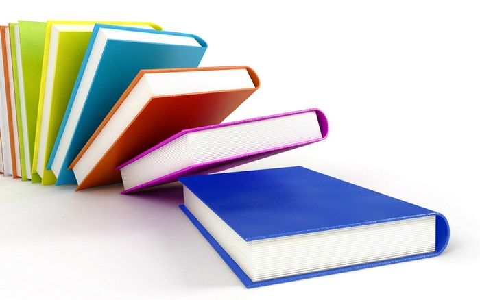 A row of colorful books on a white background