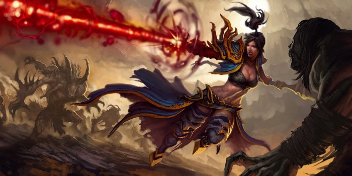 Sorceress from Diablo III fighting demons