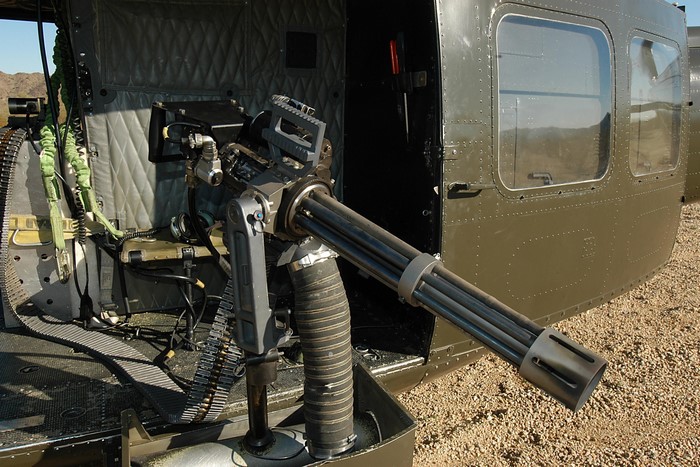 Minigun mounted inside a helicopter