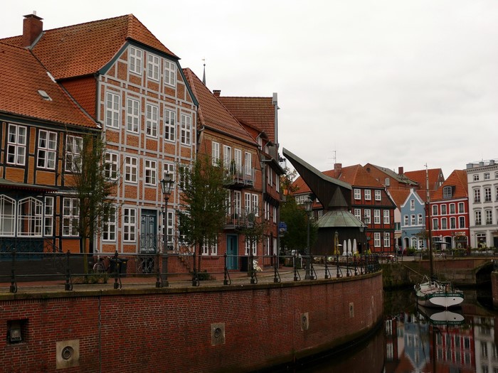 Half-timbered houses and crane in Stade, Germany
