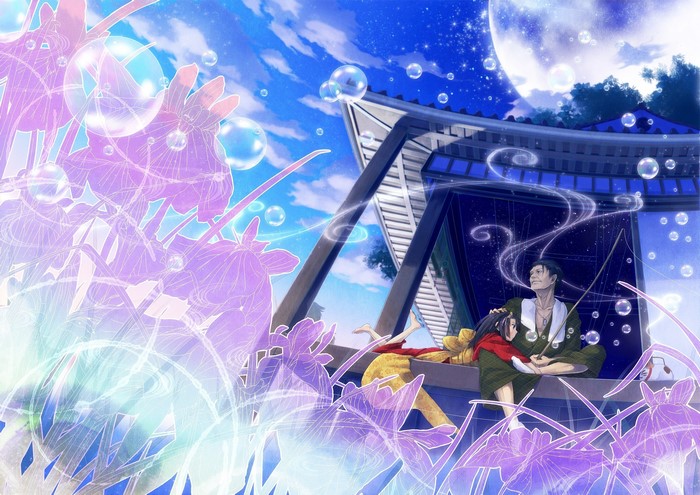 Couple sitting on a balcony under the moon