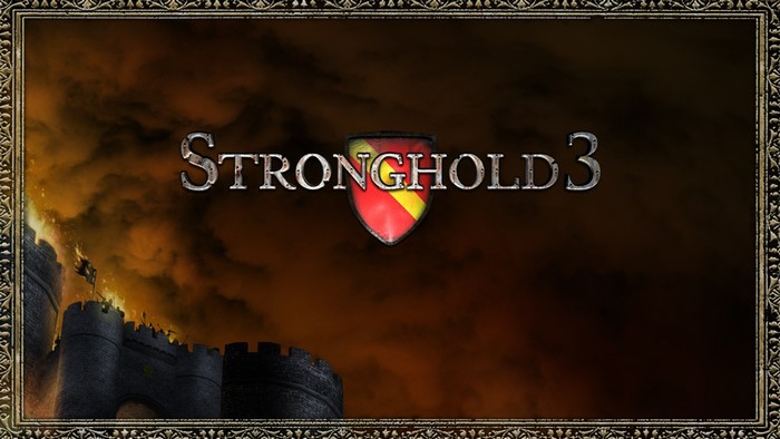 Stronghold 3 video game logo with castle and fire