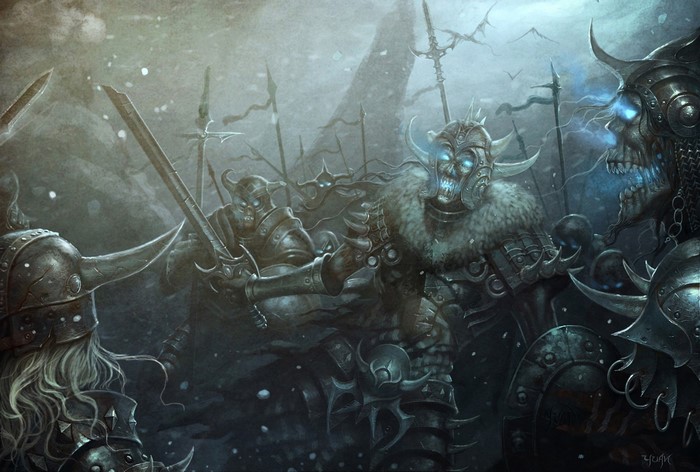 Undead warriors with glowing eyes in a snowy battle