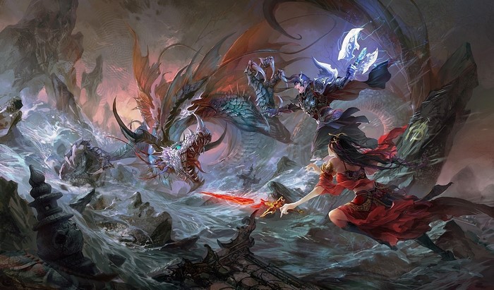 Dragon battle with warriors in stormy waters