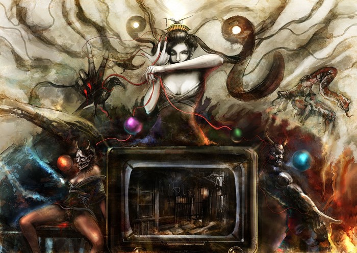 Demonic figures and a woman emerge from a television