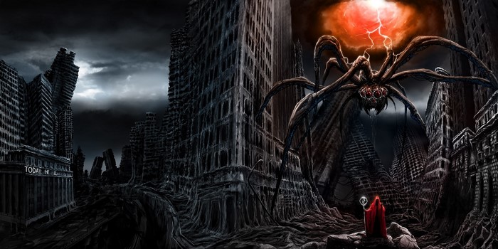 Giant spider in ruined city with a robed figure