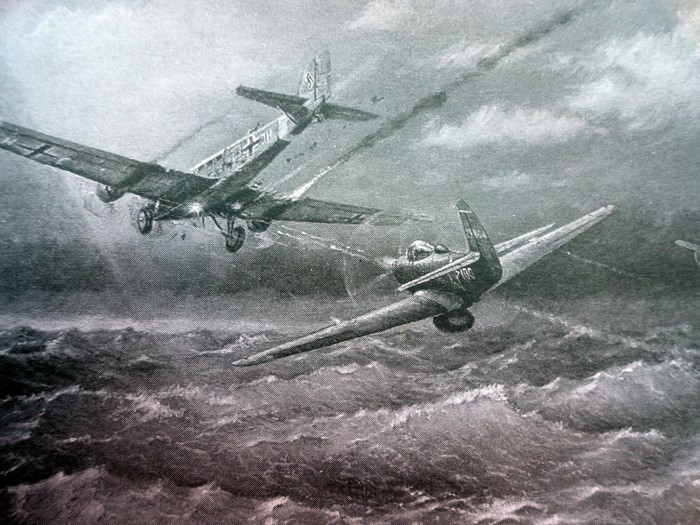 Painting of WWII aircraft over rough seas