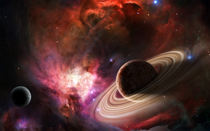 Ringed planet and moon in nebula