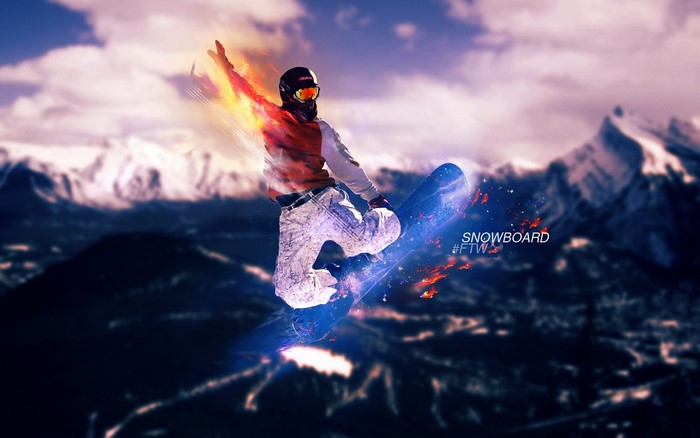 Snowboarder jumping with fire and ice effects