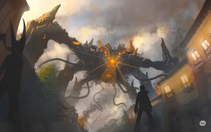 Giant mechanical monster attacking a city