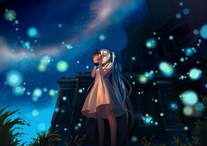 Hatsune Miku holding a lantern under a starry sky