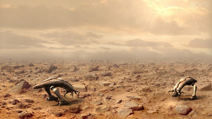 Two robotic creatures on a rocky alien planet with a large moon