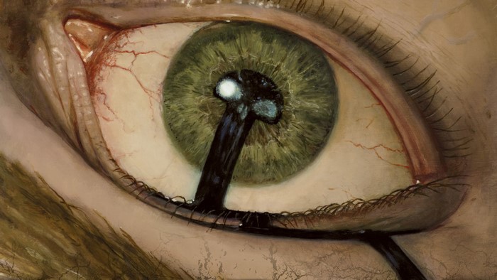 Close-up of an eye with a black substance entering the pupil