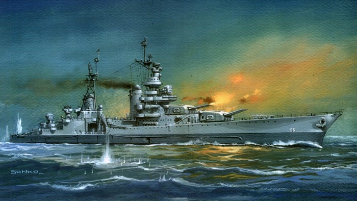 Painting of a Battleship Firing Guns at Sea