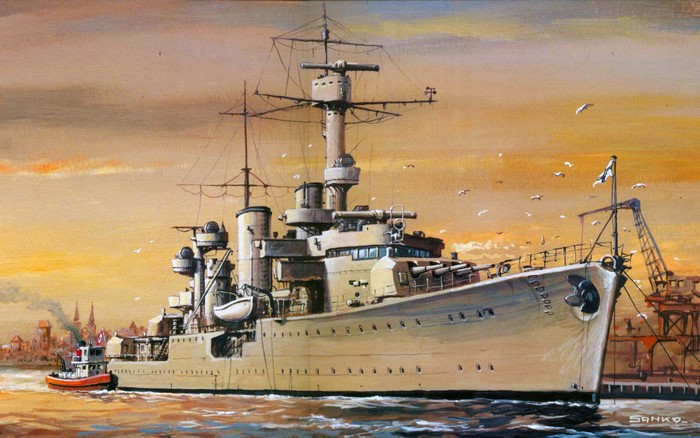 Painting of a warship with a tugboat