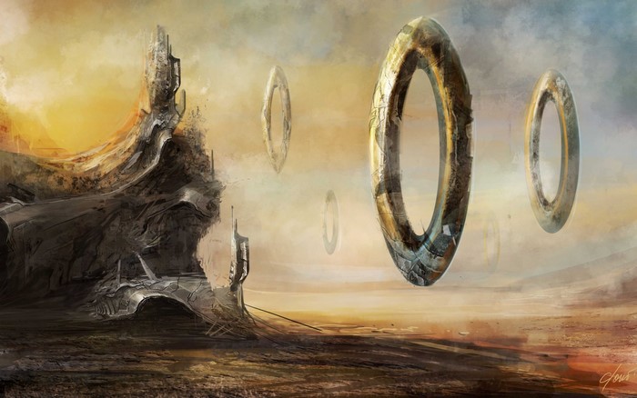 Floating rings above a desolate alien landscape