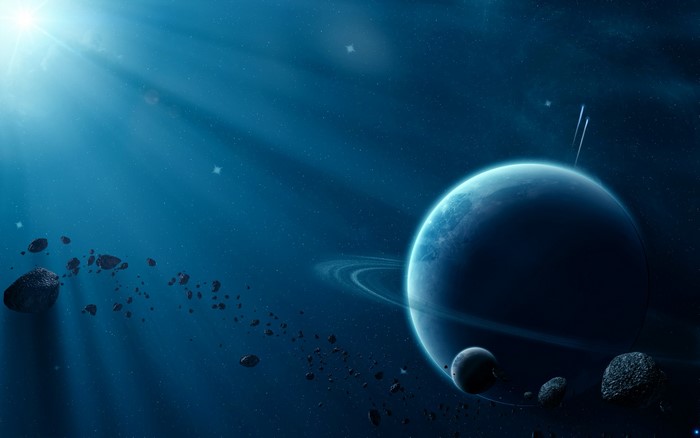 Planet with rings and moons in space with asteroids