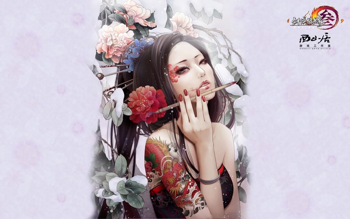 Woman with dragon tattoo and paintbrush