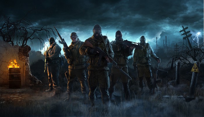 Group of Stalkers in a post-apocalyptic landscape