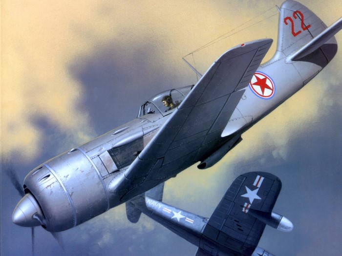 Painting of two fighter planes in combat