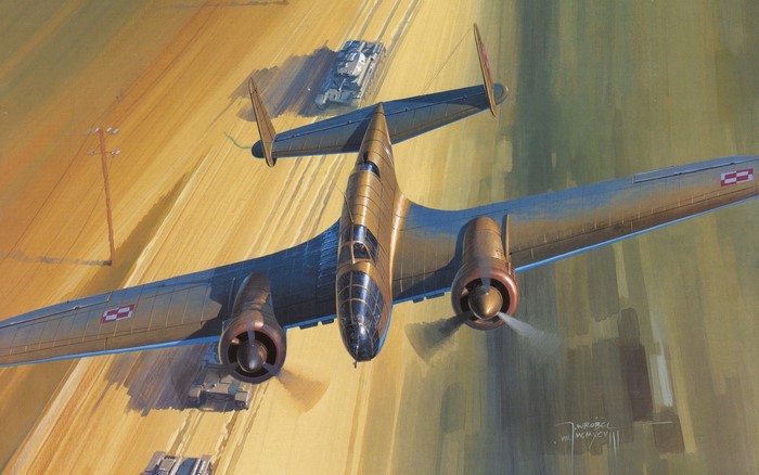Painting of a twin-engine bomber flying over tanks