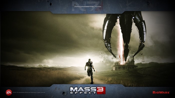 Mass Effect 3 Reaper attacking a house with a soldier running