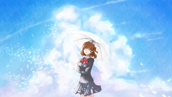 Girl with umbrella under a blue sky with birds