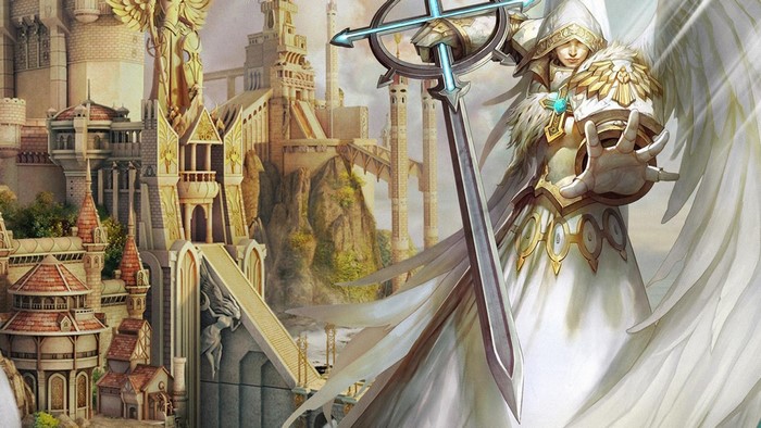 Angel warrior with sword in front of castle in Heroes of Might and Magic V
