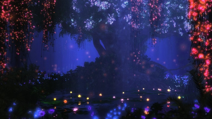 Enchanted forest with glowing flora and a large tree