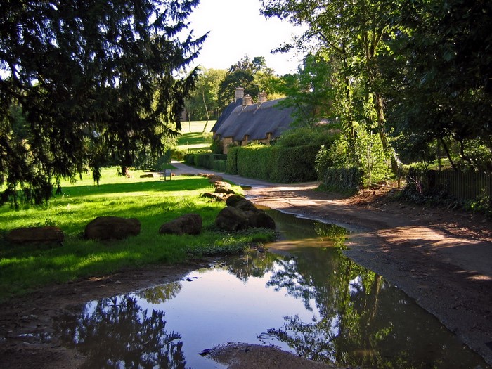 Thatched cottages along a country lane in the United Kingdom