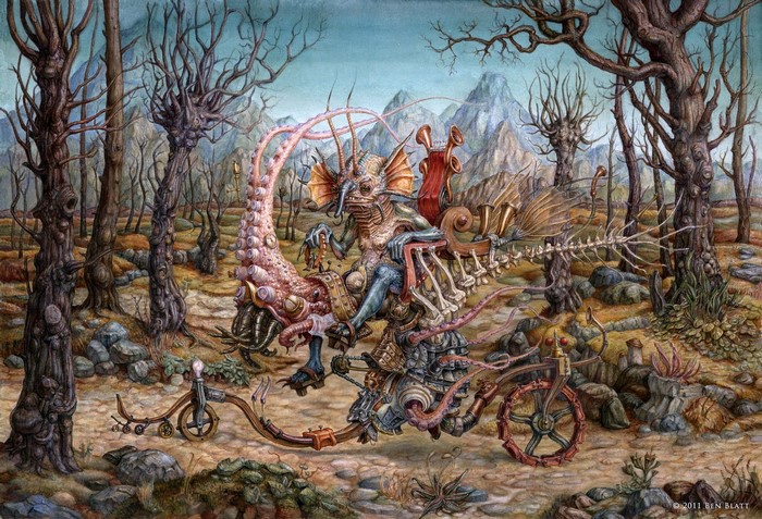 Creature riding a mechanical contraption in a forest
