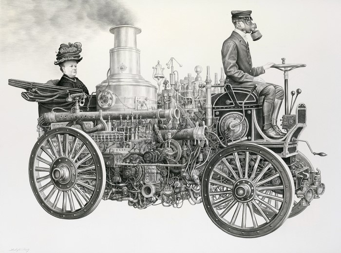 Steampunk vehicle with two figures