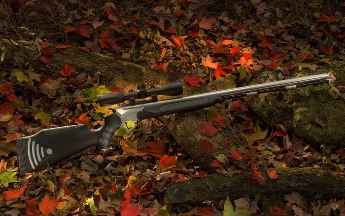 Hunting rifle with scope on autumn leaves