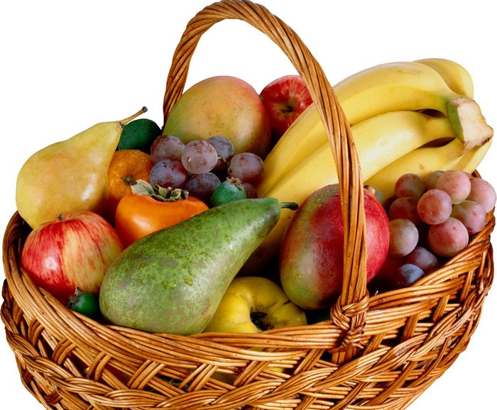 Fruit basket with apples, pears, bananas, mangoes, grapes, and persimmons