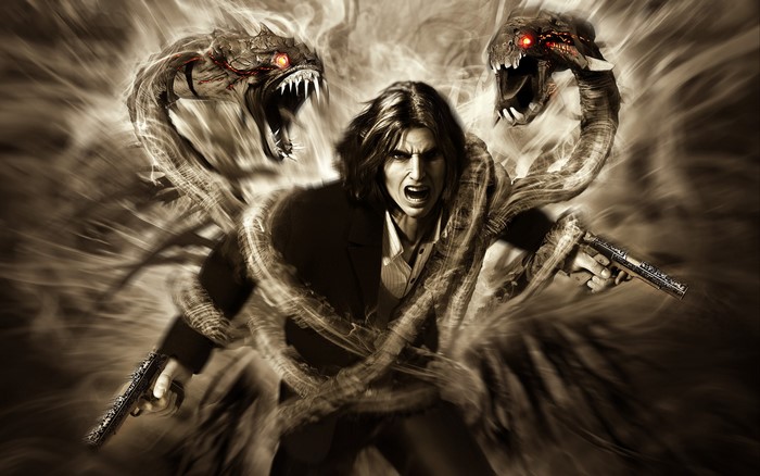 Jackie Estacado from The Darkness with two snake-like creatures