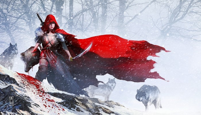 Red Riding Hood with sword and wolves in snow