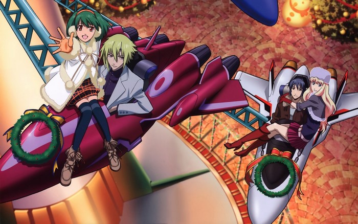 Characters from Macross Frontier on a ride