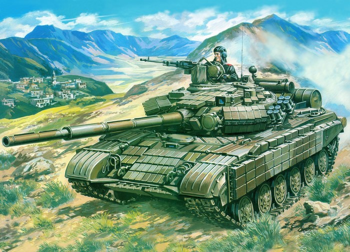 Painting Art of a Tank in a Mountainous Landscape