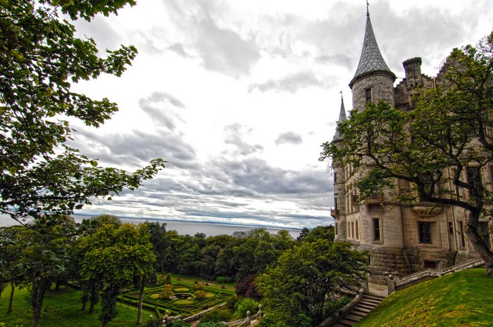 Dunrobin Castle with formal gardens and sea view